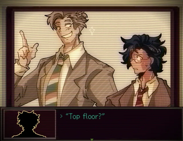 The grinning, lanky co-worker in a striped tie points upward next to his nervous colleague with glasses, asking Top floor