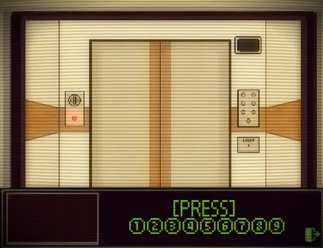 Closed elevator doors in a cream 70s interior with a green prompt to press a floor button from 1 to 9