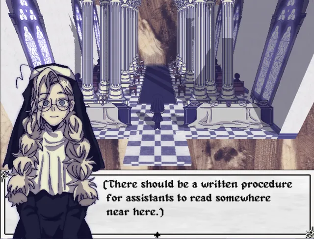 Eloquent Countenance screenshot: the nun's portrait over the church aisle as she looks for the written procedure for assistants