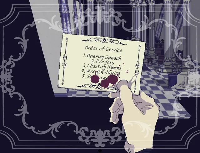 Eloquent Countenance screenshot: a hand holding the order of service, spotted with blood