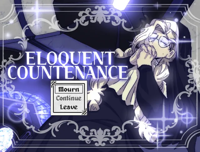 Eloquent Countenance title screen: a blonde nun with glasses in a blue-lit church beside the menu Mourn, Continue, Leave