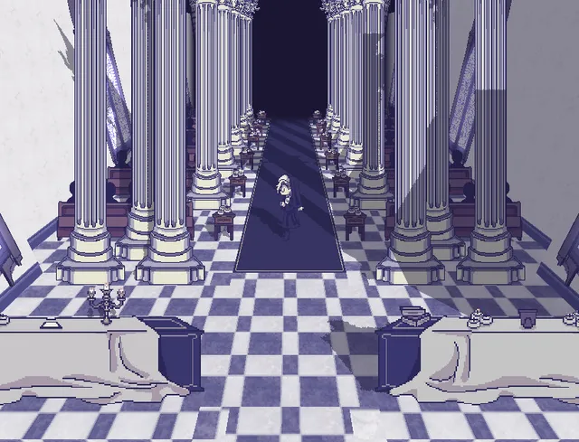 Eloquent Countenance screenshot: the nun small in the aisle of a church of tall pillars and checkered floor