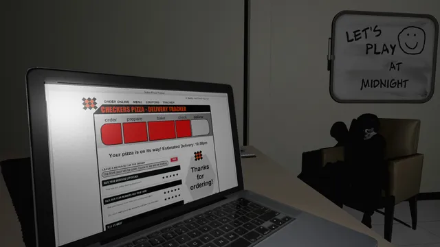 Emily Wants to Play screenshot: a laptop open to a pizza delivery tracker and a whiteboard reading Let's play at midnight
