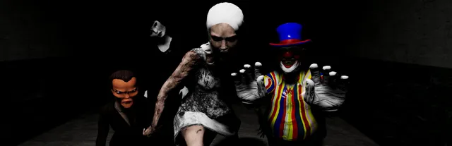 Emily Wants to Play art: a ventriloquist dummy, a pale doll-like girl in a white dress and a grinning clown in a top hat emerge from the dark