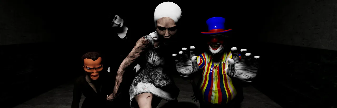 Emily Wants to Play art: a ventriloquist dummy, a pale doll-like girl in a white dress and a grinning clown in a top hat emerge from the dark