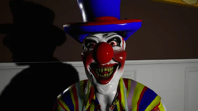 Emily Wants to Play screenshot: a clown with a red nose and blue top hat grins in a dark room, its shadow on the wall