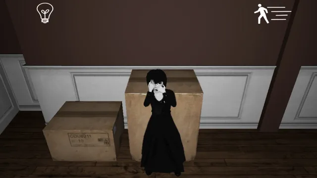 Emily Wants to Play mobile screenshot: a girl in a long black dress hides her face in front of cardboard boxes