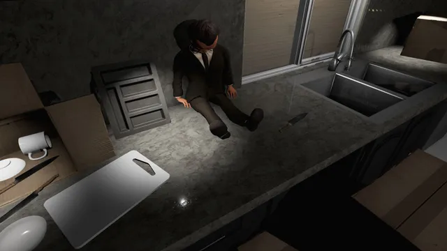 Emily Wants to Play screenshot: a ventriloquist dummy in a suit sits on a kitchen counter beside a sink