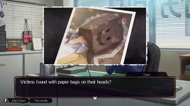A crime scene photo of a victim with a smiling paper bag over his head, shown in the detective agency office