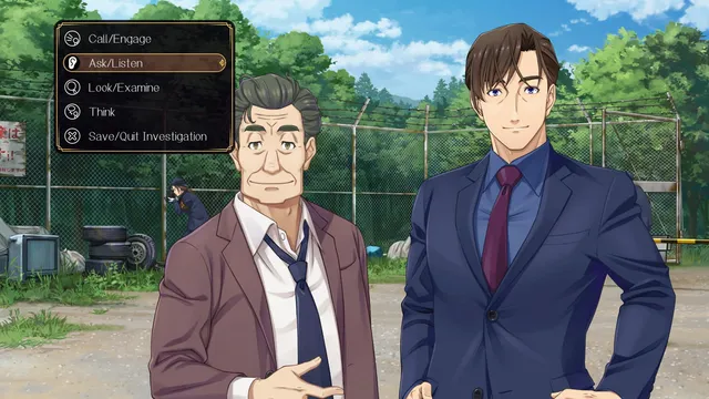 Two detectives at a fenced lot beside the command menu: Call, Ask, Look, Think