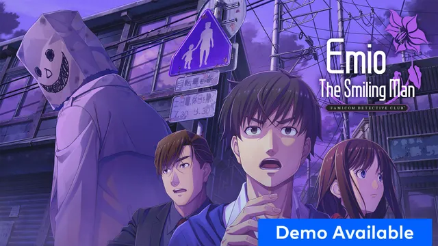 Emio – The Smiling Man key art: a figure in a paper bag with a drawn grin looms behind three shocked detectives under a purple sky