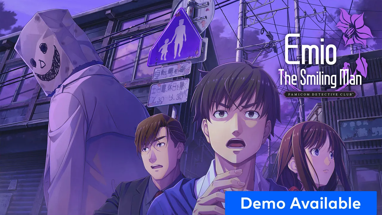Emio – The Smiling Man key art: a figure in a paper bag with a drawn grin looms behind three shocked detectives under a purple sky