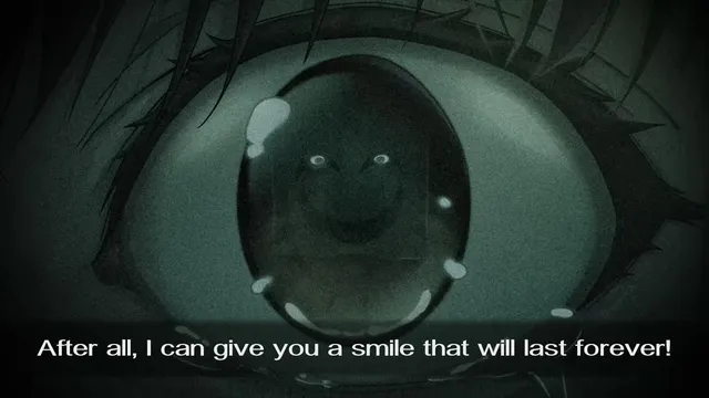 A close-up of a staring eye reflecting a paper-bag face, with the line: After all, I can give you a smile that will last forever