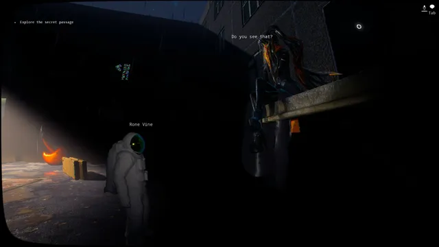 A player in a spacesuit in a dark alley as a tall long-haired creature looms on a ledge, with the caption Do you see that?