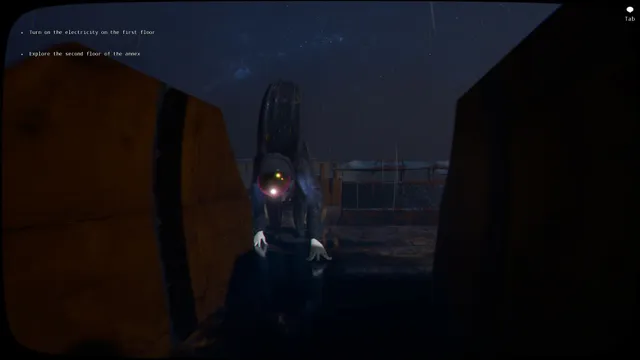 A crouching creature with a glowing eye waits between crates in the dark, with a task list in the corner