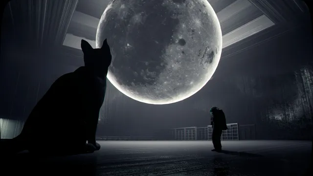 A giant black cat silhouetted against an enormous moon in a dark hall, with a small figure standing nearby