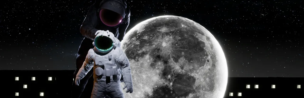 Emissary Zero art: two astronauts in white spacesuits in front of a huge full moon above dark buildings