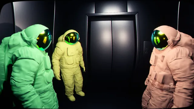 Three players in green, yellow and pink spacesuits wait by a lift door in a dark hall