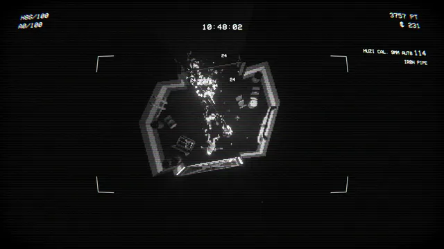 EMPTY SHELL screenshot: a cluttered room seen from above, blood spattered across the floor