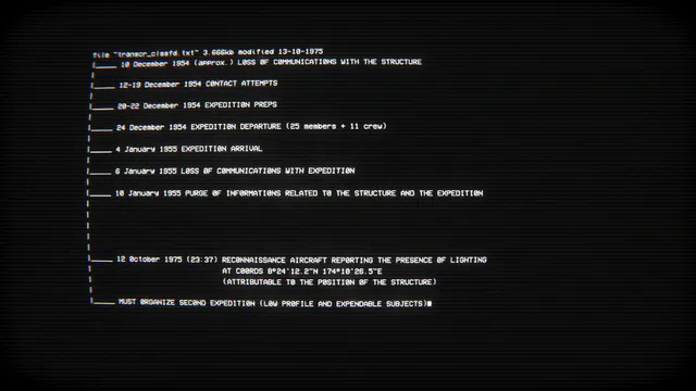 EMPTY SHELL screenshot: a 1975 classified file listing an expedition that lost contact in 1954