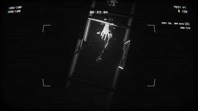 EMPTY SHELL screenshot: a top-down view of a dark corridor with a bloody handprint on the floor