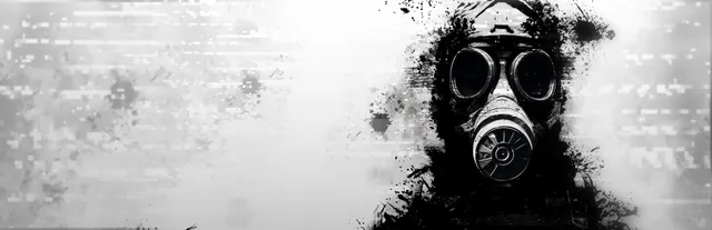 EMPTY SHELL key art: a figure in a gas mask emerging from black ink against a white, glitched background