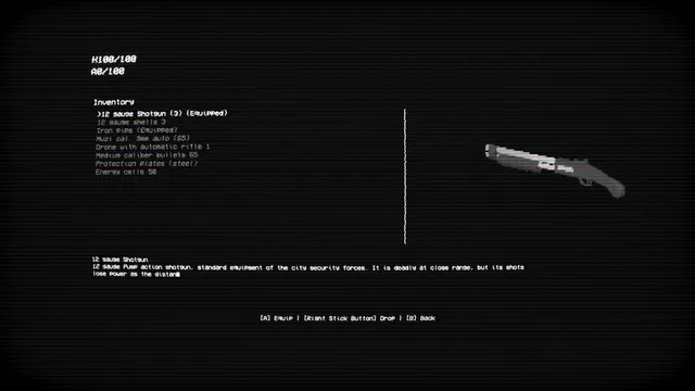 EMPTY SHELL screenshot: the inventory screen showing a 12 gauge shotgun and ammunition