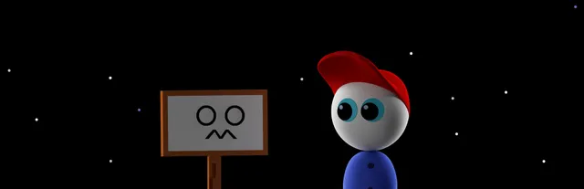 Endacopia key art: a round-headed boy in a red cap beside a sign with a worried face, against a starry black sky