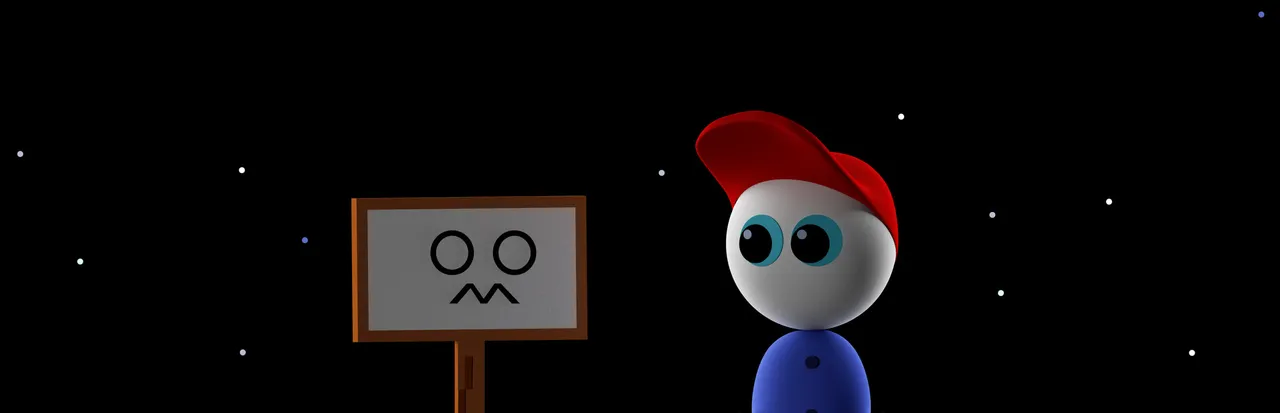 Endacopia key art: a round-headed boy in a red cap beside a sign with a worried face, against a starry black sky