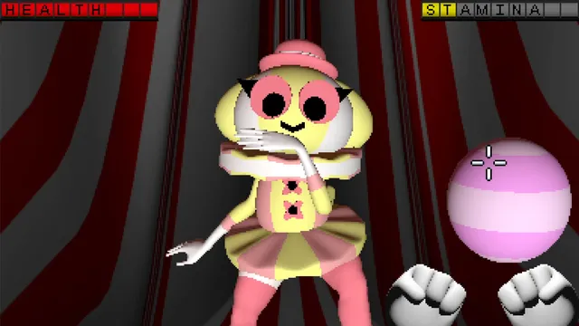 Endacopia screenshot: a grinning clown-like girl in a circus tent faces Mellow's fists in a first-person fight, with health and stamina bars