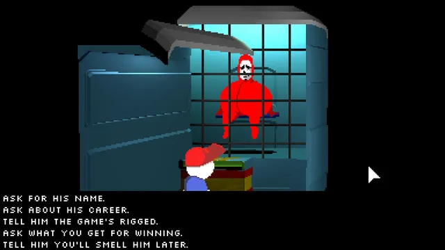 Endacopia screenshot: Mellow talks to a red figure locked in a cage, with dialogue choices below