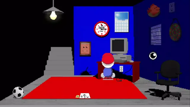 Endacopia screenshot: a boxy blue bedroom with a desk computer, a clock with a face and a red rug