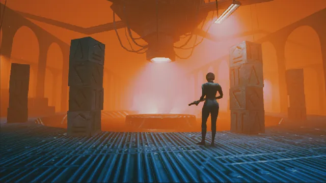 Endless Blue screenshot: Reina with a handgun in a large orange-lit hall with metal grating and crates