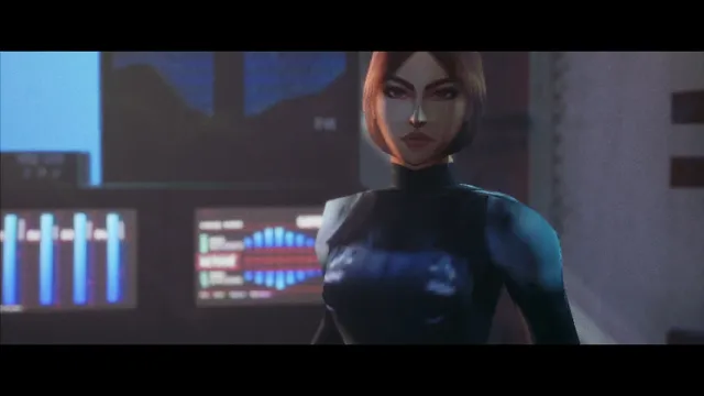 Endless Blue cutscene: Reina in a dark bodysuit in front of a control room's blue monitors