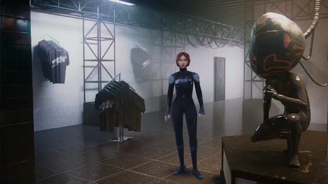 Endless Blue screenshot: Reina in a white warehouse with racks of T-shirts beside a statue of a crouching figure with a huge round head