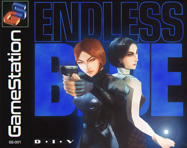 Endless Blue cover art in the style of a 1990s game case: two women, one aiming a handgun, over the title in blue
