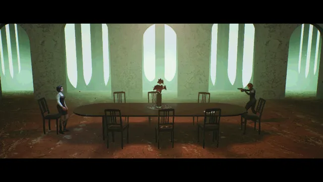 Endless Blue screenshot: two women at either end of a long table in a green-lit hall with tall windows