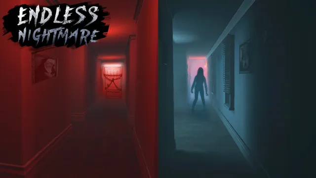 Endless Nightmare screenshot: a red-lit corridor and a dark hall where the ghost woman stands silhouetted at the far end