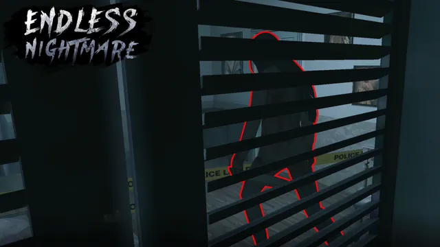 Endless Nightmare screenshot: hiding in a slatted closet while the woman's outline, marked in red, passes outside