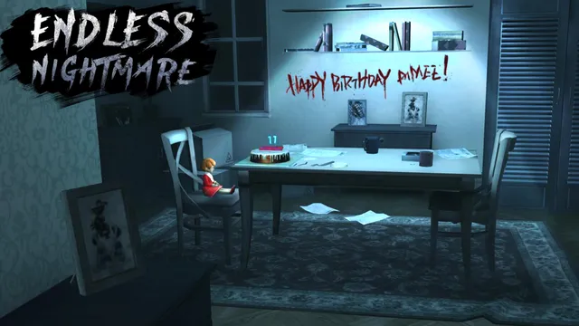 Endless Nightmare screenshot: a dining room with a birthday cake and a doll on a chair, HAPPY BIRTHDAY AIMEE scrawled in red on the wall