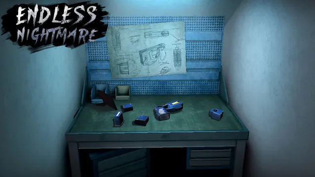 Endless Nightmare screenshot: the parts of a taser laid out on a workbench under a hand-drawn blueprint