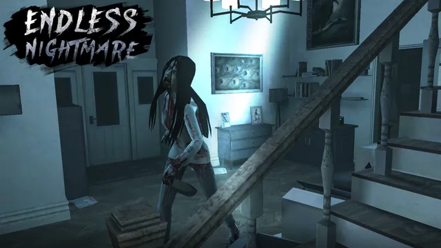 Endless Nightmare screenshot: the long-haired ghost woman in a bloodied white dress walks past the staircase in the dim family house