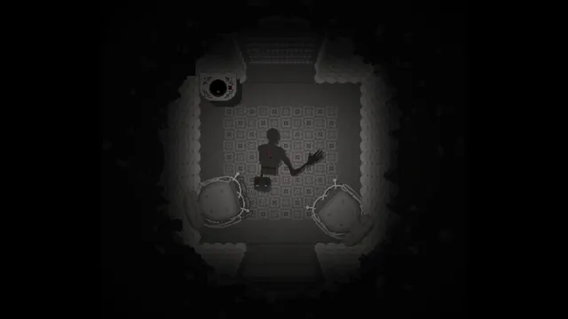 Top-down view of the survivor pulling himself across a patterned floor in a dim room with two chairs and a round machine
