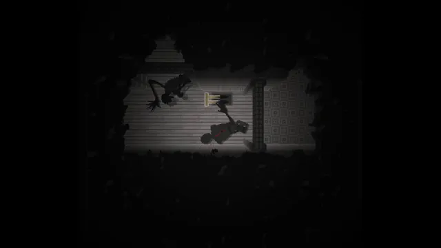 A long-limbed creature crawling toward the survivor in a narrow lit corridor surrounded by darkness
