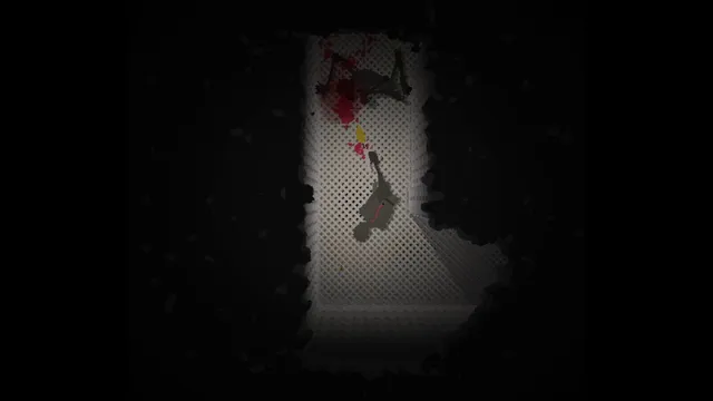 The survivor firing up a grated corridor at a creature, with red blood spattered on the floor