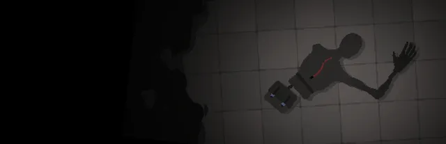 Endoparasitic 2 key art: the one-armed, legless survivor dragging himself and a case across a dark tiled floor, a red wound on his back