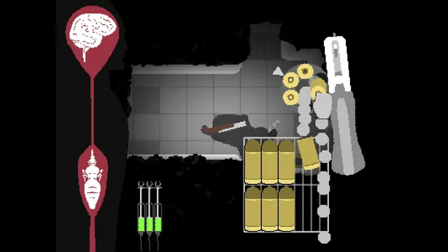 The game's screen with a brain and parasite health meter, green vaccine syringes and a hand loading bullets into a gun