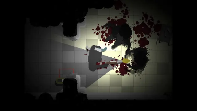 Top-down view of the crippled researcher firing a gun under a flashlight beam at dark monsters in a blood-spattered lab room