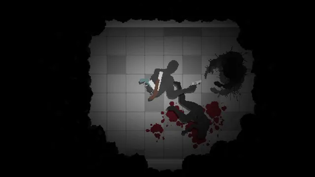 The researcher on the floor of a grey tiled room facing a shadowy monster, with blood splashed around them