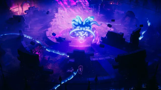 Enigma of Fear screenshot: a tentacled glowing creature rises in a ruined stone circle as Mia and Lupi stand below